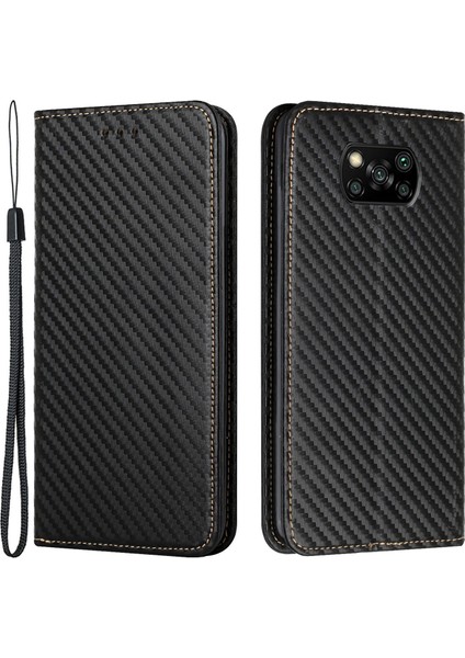 Anti Çizelge Karbon Fiber Doku Flip Manyetik Otomatik Emici Stand Cüzdanı Pu Deri Kasa Kapak Xiaomi Için El Kayışı ile Poco X3/poco X3 Nfc/poco X3 Pro-Black (Yurt Dışından)