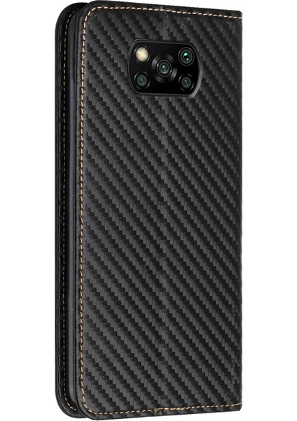 Anti Çizelge Karbon Fiber Doku Flip Manyetik Otomatik Emici Stand Cüzdanı Pu Deri Kasa Kapak Xiaomi Için El Kayışı ile Poco X3/poco X3 Nfc/poco X3 Pro-Black (Yurt Dışından)