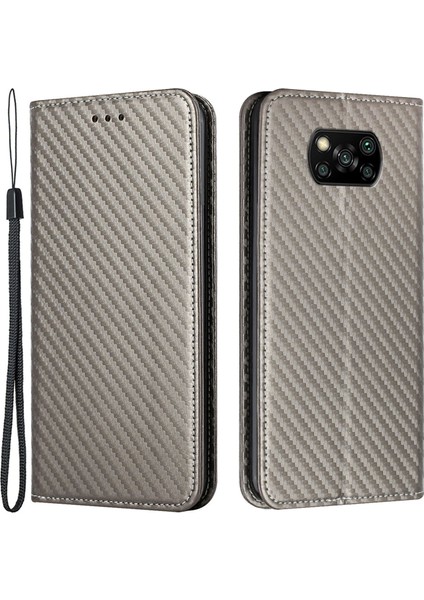 Anti Çizelge Karbon Fiber Doku Flip Manyetik Otomatik Emici Stand Cüzdanı Pu Deri Kasa Kapak Xiaomi Için El Kayışı ile Poco X3/poco X3 Nfc/poco X3 Pro-Grey (Yurt Dışından)