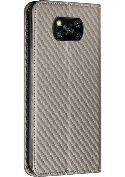 Anti Çizelge Karbon Fiber Doku Flip Manyetik Otomatik Emici Stand Cüzdanı Pu Deri Kasa Kapak Xiaomi Için El Kayışı ile Poco X3/poco X3 Nfc/poco X3 Pro-Grey (Yurt Dışından)