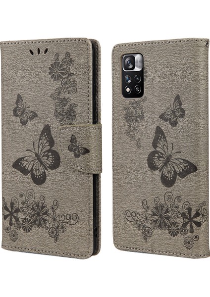 Folio Baskısal Kelebek Çiçek Flip Stand Cüzdan Deri Telefon Kılıfı Xiaomi Redmi Not 11 Pro+ 5g/note 11 Pro 5g (Çin) (Mediatek) -Grey (Yurt Dışından)