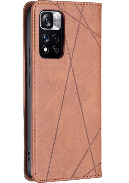 Rhombus Benzeri Baskılanmış Çizik Dirençli Manyetik Kapanma Kartı Yuvaları Tasarım Deri Telefon Kasası Xiaomi Redmi Note 11 Pro+ 5g/redmi Not 11 Pro 5g (Çin) (Mediatek) -Brown (Yurt Dışından)