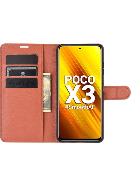 Xiaomi Poco X3 Nfc/poco X3-Brown Için Litchi Cilt Cüzdan Deri Stand Kılıfı (Yurt Dışından)