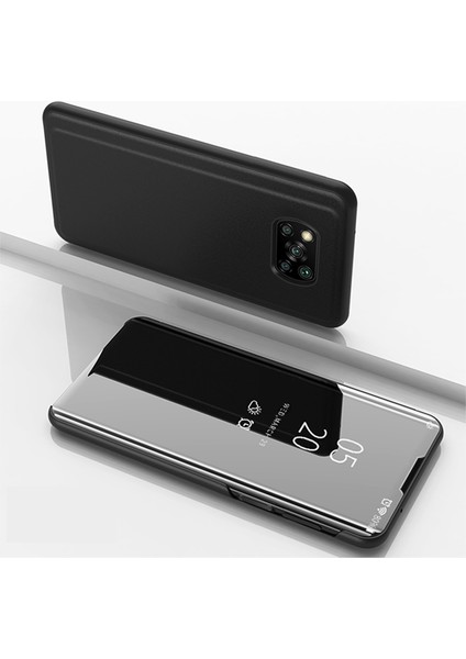 Pencere Aynası Yüzey Deri Deri Flip Telefon Kapağı Xiaomi Için Poco X3/poco X3 Nfc Destek Kablosuz Şarj Siyah (Yurt Dışından)