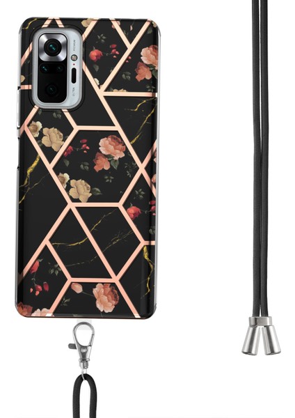 Mermer Desen Imd Koruyucu Anti Çizik Esnek Elektroplatma Tpu Kasası Xiaomi Redmi Için Kordonlu Not 10 Pro Max/note 10 Pro 4g (Global)/note 10 Pro 4g (Hindistan) -Black Çiçekler (Yurt Dışından)