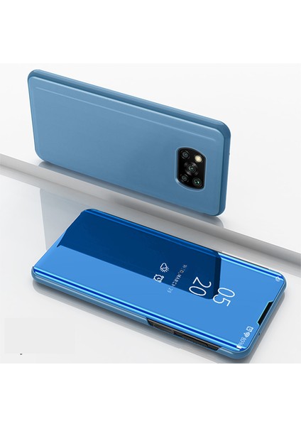 Pencere Aynası Yüzey Deri Deri Flip Telefon Kapağı Xiaomi Için Poco X3/poco X3 Nfc Destek Kablosuz Şarj Mavisi (Yurt Dışından)