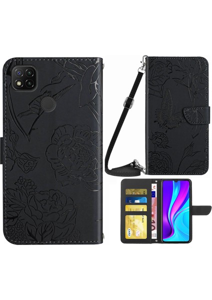 Xiaomi Için Redmi 9c/9c Nfc/poco C3 Cüzdan Telefon Kılıf Kelebek Çiçek Basılı Pu Deri Koruyucu Folio Flip Kapak Omuz Kayışı Black ile Kılavuz Anti-Çizgi Stand Kabuğu (Yurt Dışından)