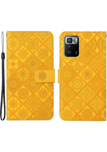 Etnik Çiçek Baskı Anti Drop Stand Cüzdan Tasarım Deri Kılıfı Xiaomi Redmi Için El Kayışı ile Note 10 Pro 5g/poco X3 Gt 5g-Sarı (Yurt Dışından)