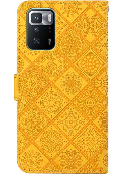 Etnik Çiçek Baskı Anti Drop Stand Cüzdan Tasarım Deri Kılıfı Xiaomi Redmi Için El Kayışı ile Note 10 Pro 5g/poco X3 Gt 5g-Sarı (Yurt Dışından)