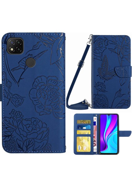 Xiaomi Için Redmi 9c/9c Nfc/poco C3 Cüzdan Telefon Kılıf Kelebek Çiçek Baskılı Pu Deri Koruyucu Folio Flip Kapak Omuz Kayışı Mavisi ile Kılavuz Anti-Çizelge Stand Kabuğu (Yurt Dışından)