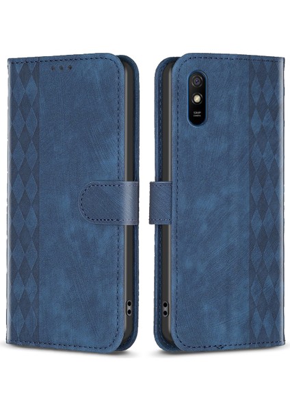 Xiaomi Redmi Için 9A Deri Telefon Kılıfı Izleme Izgara Anti-Damla Cüzdan Standı Kabuk-Mavi (Yurt Dışından)