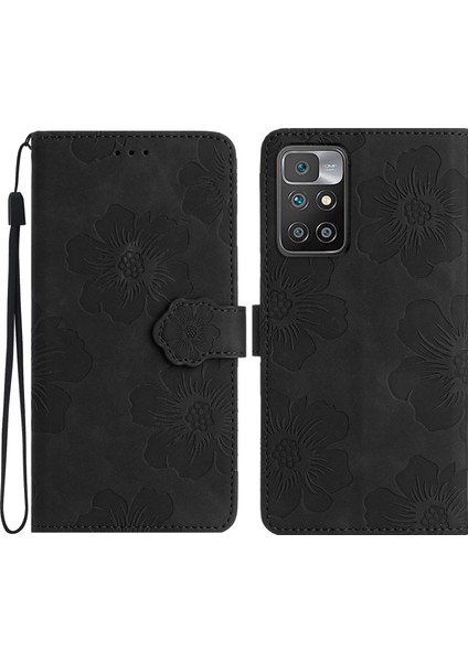 Xiaomi Redmi Için Note 11 4g (Mediatek)/10 4g (2021)/10 2022 4g/10 Prime Çiçekler Baskılı Stand Cüzdan Kılıfı Deri Telefon Shell-Black (Yurt Dışından)