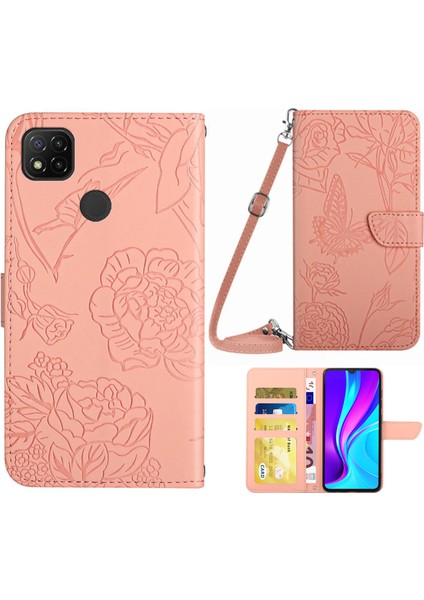 Xiaomi Için Redmi 9c/9c Nfc/poco C3 Cüzdan Telefon Kılıf Kelebek Çiçek Basılı Pu Deri Koruyucu Folio Flip Kapak Omuz Kayışı Pink ile Anti-Çizelge Stand Kabuğu (Yurt Dışından)