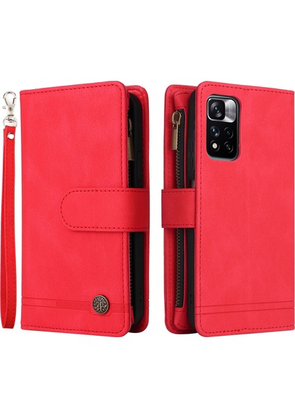 Cilt Touch Pu Deri Fermuar Cep Kartı Tutucu Yuvaları Folio Flip Shell Stripes Baskılı Stand Şok Geçirmez Koruyucu Telefon Kılıfı Xiaomi Redmi Için Kayışla Not 11 Pro /not 11 Pro+ -Ed (Yurt Dışından)