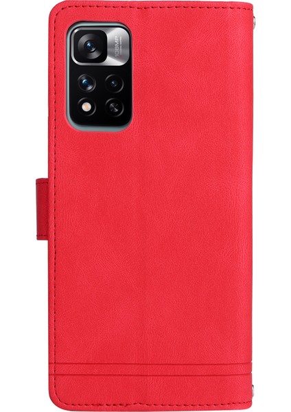 Cilt Touch Pu Deri Fermuar Cep Kartı Tutucu Yuvaları Folio Flip Shell Stripes Baskılı Stand Şok Geçirmez Koruyucu Telefon Kılıfı Xiaomi Redmi Için Kayışla Not 11 Pro /not 11 Pro+ -Ed (Yurt Dışından) modelleri