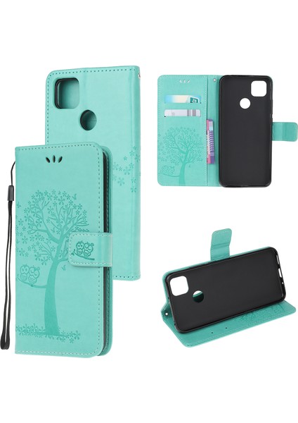 Baskı Ağacı Baykuş Deri Cüzdan Kılıfı Xiaomi Redmi 9c/9c Nfc-Green (Yurt Dışından)