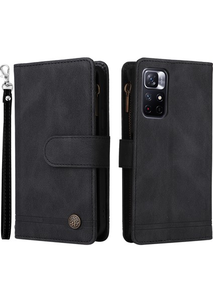 Cilt Dokunuşu Pu Deri Kart Yuvaları Fermuar Cüzdan Kılıf Flip Stand Çizgileri Xiaomi Redmi Için Kayış ile Baskılı Kapak Not 11 5g redmi Not 11T 5g/not 11S 5g-Black (Yurt Dışından)