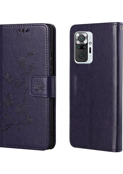 Iç ve Dış Kelebek Çiçekleri Xiaomi Redmi Için Deri Cüzdan Telefon Kapağı Note 10 Pro 4g (Hindistan)/(Global)/note 10 Pro Max-Dark Blue (Yurt Dışından)