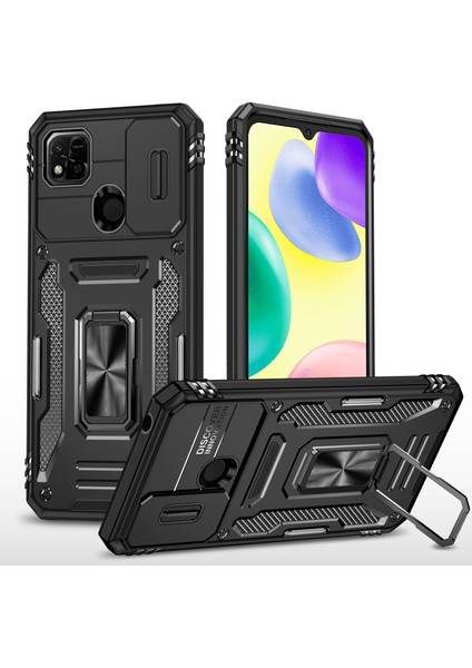 Xiaomi Redmi Için Zırh Serisi 9c/9c NFC/10A Şok Geçirmez Cep Telefon Kabuğu, Slayt Kamera Koruyucu Kickstand Telefon Kılıfı Pc+Tpu Koruyucu Kapak Black (Yurt Dışından)