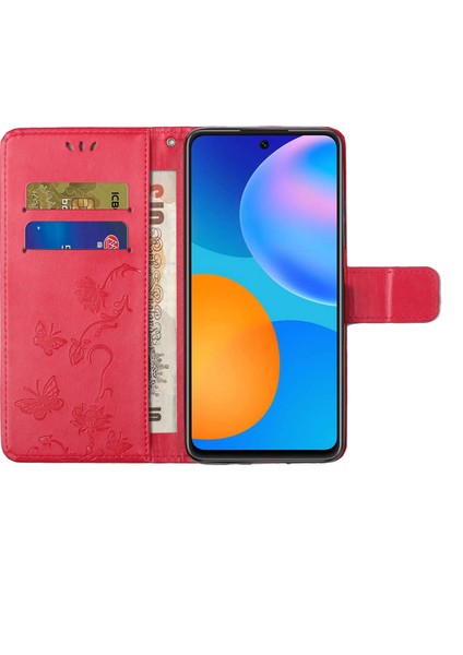 Iç ve Dış Kelebek Çiçekleri Xiaomi Redmi Için Deri Cüzdan Telefon Kapağı Note 10 Pro 4g (Hindistan)/(Global)/note 10 Pro Max-Red (Yurt Dışından)