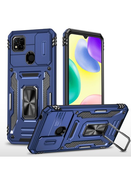 Xiaomi Redmi Için Zırh Serisi 9c/9c NFC/10A Şok Geçirmez Cep Telefon Kabuğu, Slayt Kamera Koruyucu Kickstand Telefon Kılıfı Pc+Tpu Koruyucu Kapak-Dark Mavi (Yurt Dışından)