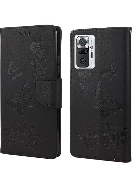 Baskılı Kelebekler Çiçek Deri Cüzdan Stand Stand Kılıfı Xiaomi Redmi Note 10 Pro-Black (Yurt Dışından)