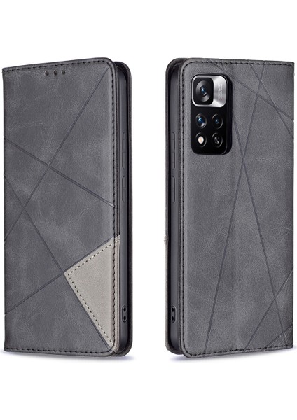Rhombus Benzeri Baskılanmış Çizik Dirençli Manyetik Kapanma Kartı Yuvaları Tasarım Deri Telefon Kasası Xiaomi Redmi Note 11 Pro+ 5g/redmi Not 11 Pro 5g (Çin) (Mediatek) -Black (Yurt Dışından)