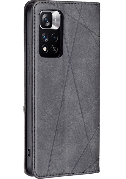 Rhombus Benzeri Baskılanmış Çizik Dirençli Manyetik Kapanma Kartı Yuvaları Tasarım Deri Telefon Kasası Xiaomi Redmi Note 11 Pro+ 5g/redmi Not 11 Pro 5g (Çin) (Mediatek) -Black (Yurt Dışından)