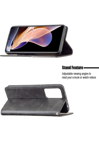 Rhombus Benzeri Baskılanmış Çizik Dirençli Manyetik Kapanma Kartı Yuvaları Tasarım Deri Telefon Kasası Xiaomi Redmi Note 11 Pro+ 5g/redmi Not 11 Pro 5g (Çin) (Mediatek) -Black (Yurt Dışından)