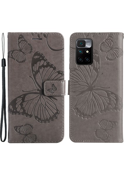 Xiaomi Için Redmi 10 4g (2021)/REDMI 10 Prime/redmi 10 2022 4g/redmi Not 11 4g (Mediatek) Kelebek Desen Deri Cüzdan Flip Folio Stant Çantası Kayış-Grey ile (Yurt Dışından)