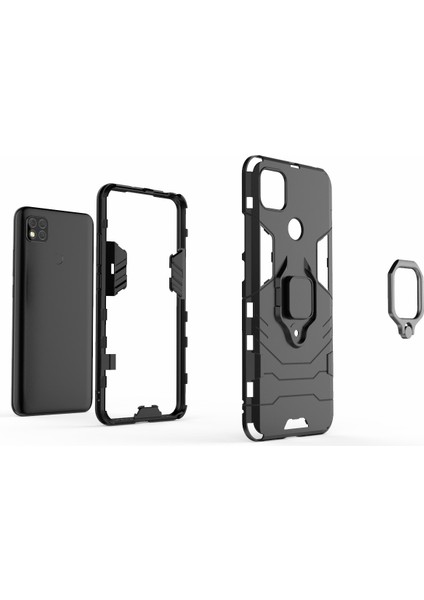 Tek Elle Tutan Parmak Yüzüğü Tutucu Kickstand Pc+Tpu Hibrid Kapak Xiaomi Redmi 9c/9c Nfc-Black (Yurt Dışından)