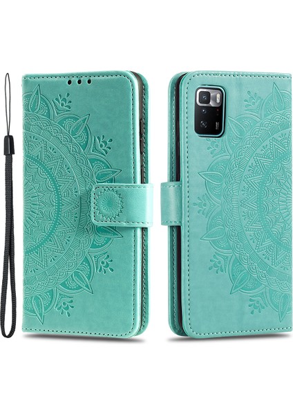 Basılı Mandala Çiçek Kullanışlı Kayış Şık Anti-Damla Cüzdan Standı Deri Telefon Kasa Kapak Kabuğu Xiaomi Poco X3 Gt/redmi Note 10 Pro 5g (Çin) -Green (Yurt Dışından)
