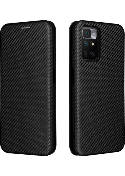 Otomatik Emilen Karbon Fiber Doku Kartı Yuvası Xiaomi Için Halka Kayışı ile Anti-Damla Deri Kasa 10 4g (2021)/10 Prime/10 2022 4g/not 11 4g (Mediatek) -Black (Yurt Dışından)