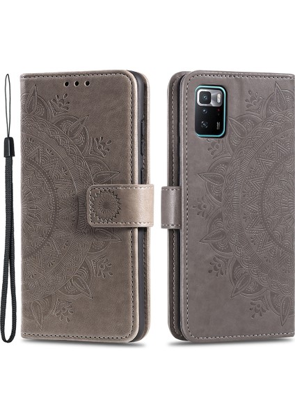 Basılı Mandala Çiçek Kullanışlı Kayış Şık Anti-Damla Cüzdan Standı Deri Telefon Kasa Kapak Kabuğu Xiaomi Poco X3 Gt/redmi Note 10 Pro 5g (Çin) -Grey (Yurt Dışından)