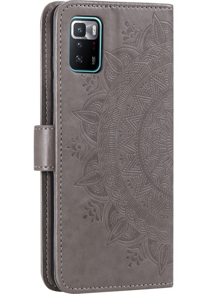 Basılı Mandala Çiçek Kullanışlı Kayış Şık Anti-Damla Cüzdan Standı Deri Telefon Kasa Kapak Kabuğu Xiaomi Poco X3 Gt/redmi Note 10 Pro 5g (Çin) -Grey (Yurt Dışından)