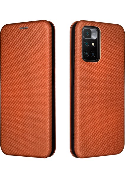 Otomatik Emilen Karbon Fiber Doku Kartı Yuvası Xiaomi Için Halka Kayışı ile Anti-Damla Deri Kasa 10 4g (2021)/10 Prime/10 2022 4g/not 11 4g (Mediatek) -Orange (Yurt Dışından)