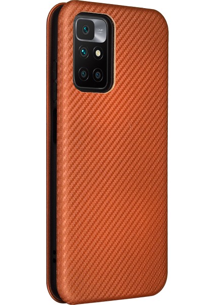 Otomatik Emilen Karbon Fiber Doku Kartı Yuvası Xiaomi Için Halka Kayışı ile Anti-Damla Deri Kasa 10 4g (2021)/10 Prime/10 2022 4g/not 11 4g (Mediatek) -Orange (Yurt Dışından) modelleri