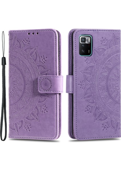 Basılı Mandala Çiçek Kullanışlı Kayış Şık Anti-Damla Cüzdan Standı Deri Telefon Kasa Kapak Kabuğu Xiaomi Poco X3 Gt/redmi Note 10 Pro 5g (Çin) -Purple (Yurt Dışından)