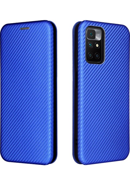Otomatik Emilen Karbon Fiber Doku Kartı Yuvası Xiaomi Için Halka Kayışı ile Anti-Damla Deri Kasa 10 4g (2021)/10 Prime/10 2022 4g/not 11 4g (Mediatek) -Blue (Yurt Dışından)