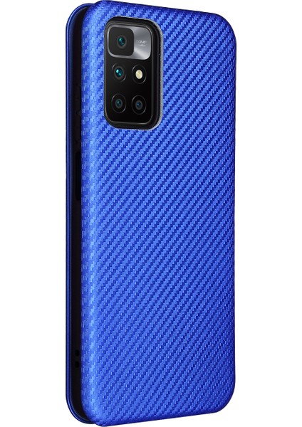 Otomatik Emilen Karbon Fiber Doku Kartı Yuvası Xiaomi Için Halka Kayışı ile Anti-Damla Deri Kasa 10 4g (2021)/10 Prime/10 2022 4g/not 11 4g (Mediatek) -Blue (Yurt Dışından) modelleri