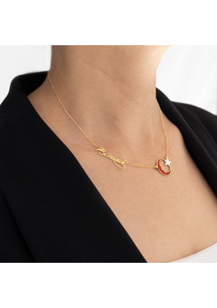 Mineli Ay Yıldız Atatürk Imzalı Gümüş Kolye