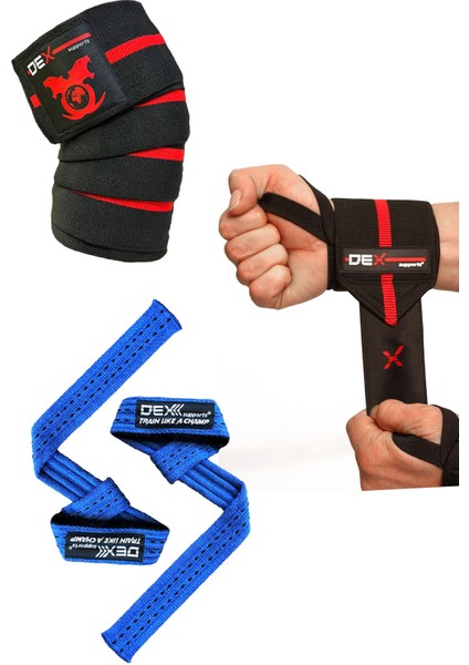 Dex Supports Straps Halter Kayışı, Knee Wraps Diz Bandajı, Wrist Wraps Spor Bileklik 3'lü Set