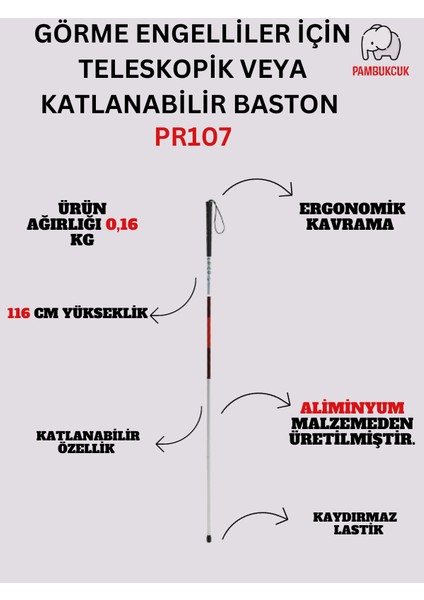 Görme Engelliler Için Teleskopik Veya Katlanabilir Baston PR-107