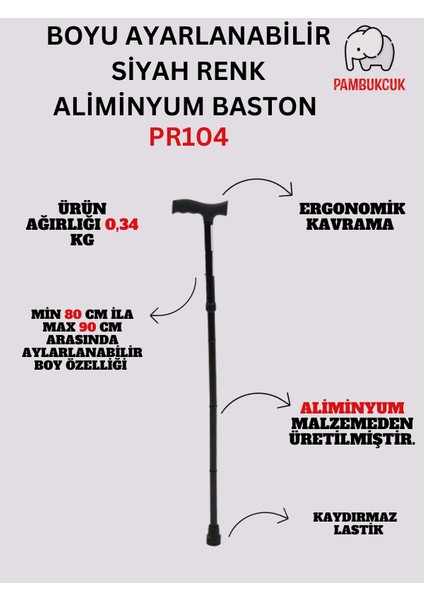 Siyah Renk Aliminyum Katlanır Baston PR-104