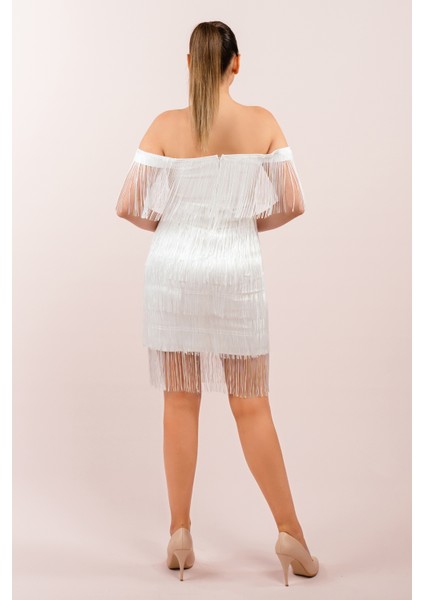 Püsküllü Düşük Kol Beyaz Kısa Elbise (CRM-58180) modelleri