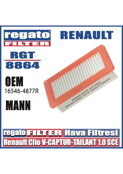 Regato Renault Clio 5-Captur-Tailant 1.0 Sce Hava Filtresi Oem No: 16546-4877R