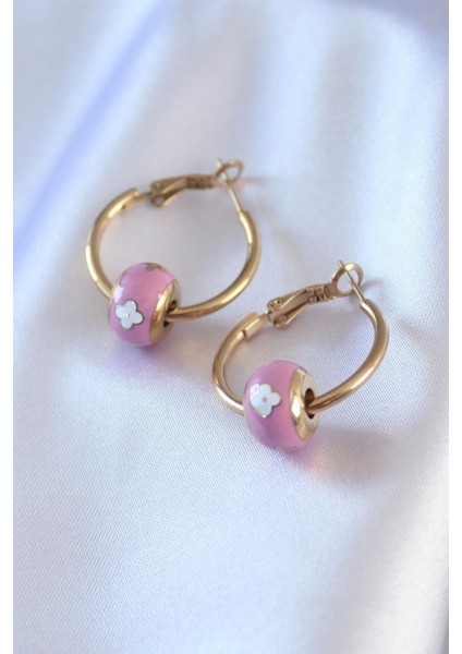 E-Bijuteri Çelik Gold Renk Pembe Çiçek Halka Model Kadın Küpe