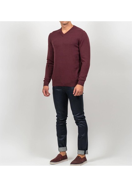 Bordo Erkek V Yaka Triko Slim Fit Pamuklu Kazak Ncs Jeans 3002