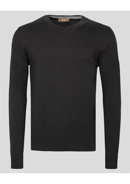 Siyah Erkek V Yaka Triko Slim Fit Pamuklu Kazak Ncs Jeans 3002