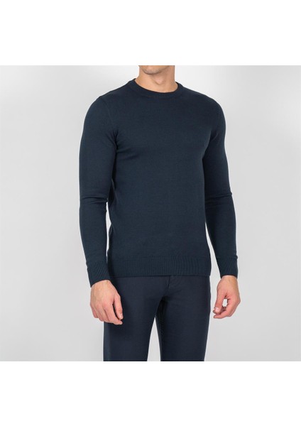 Lacivert Erkek Bisiklet Yaka Triko Slim Fit Pamuklu Kazak Ncs Jeans 3002